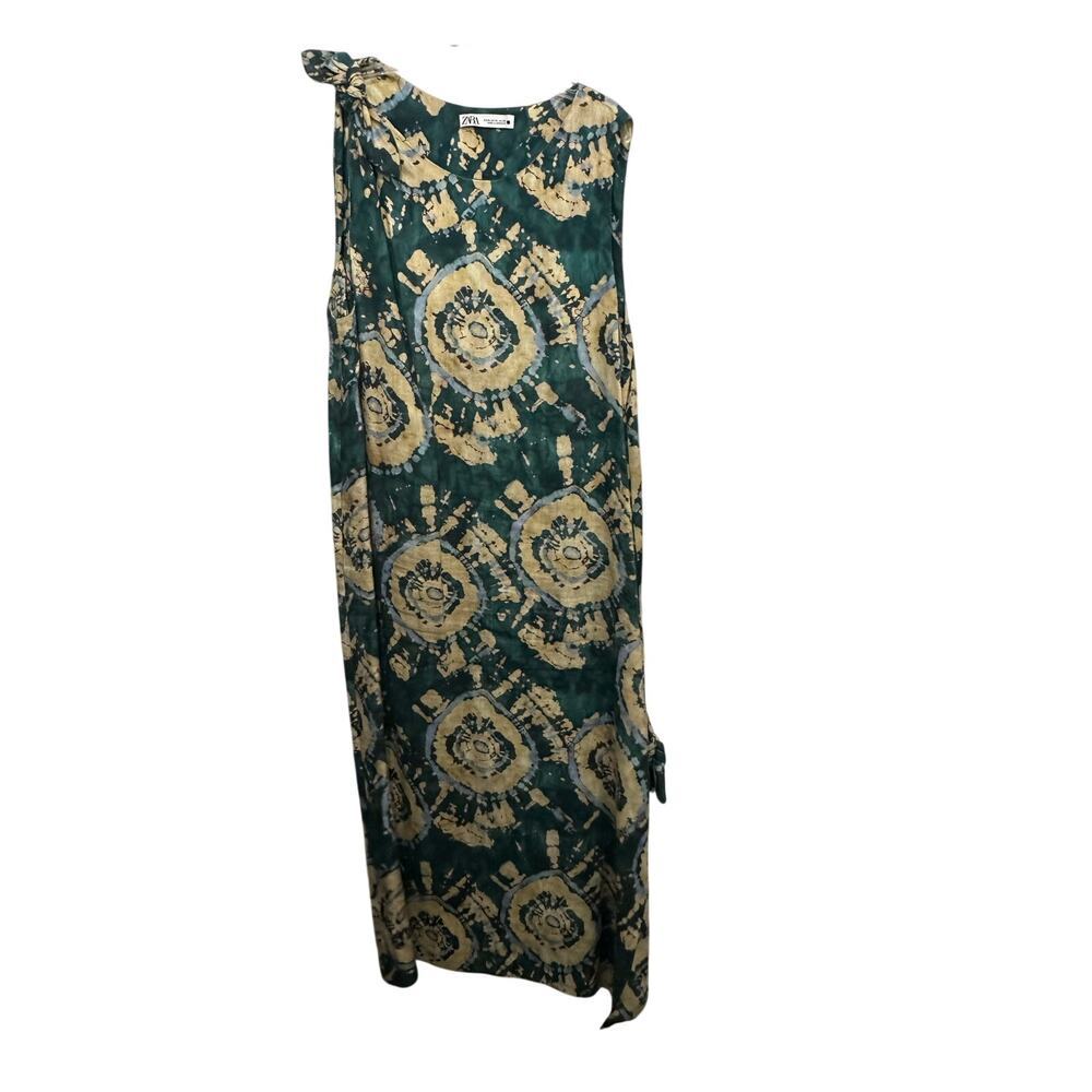 ZARA Maxi Dress Tie-Dye Linen Blend Side Slit Knot Green Size XL - Picture 4 of 10